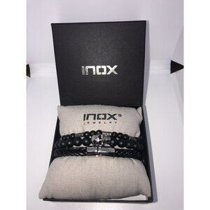 INOX Lava Beads & Black Braided Leather Stackable Skull Men's Bracelets Set 8.5"